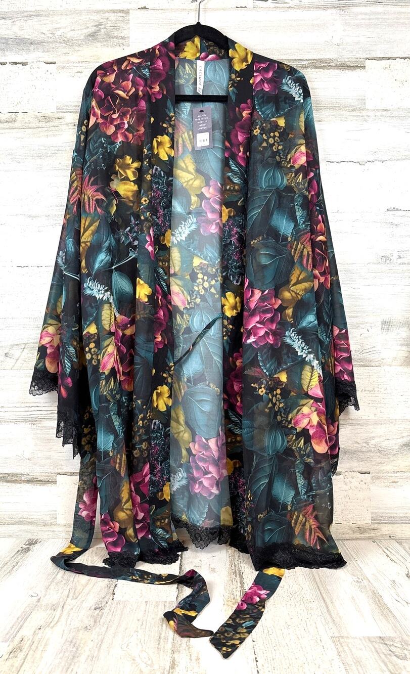 Cacique Womens 22/24 Green Multi Floral Silky Kimono Robe Plus Size NWT